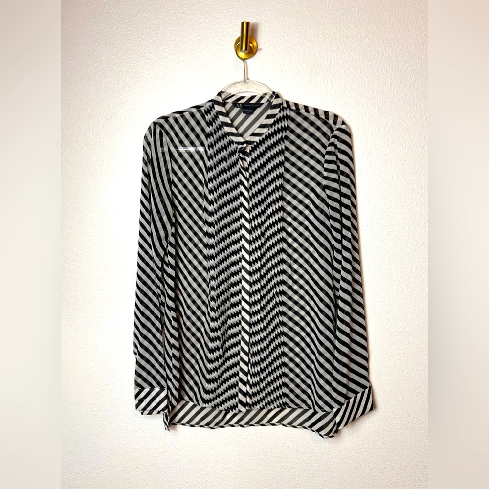 Armani Exchange Long Sleeve Button Down Sheer Ruffle Striped Top Size L